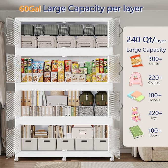 960QT Extra Large Stackable Storage Bins with Lid, 240Gal Plastic Closet Organizers and Storage Drawer, Collapsible Cabinet Box with Wheels Clear Doors for Home Kitchen Garage, 4Pack White - Image 3