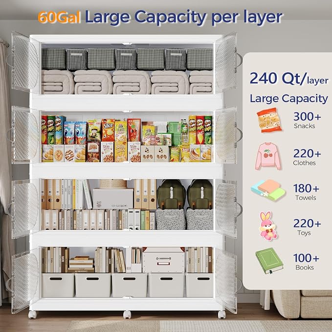 1200QT Extra Large Stackable Storage Bins with Lid, 300Gal Plastic Closet Organizers and Storage Drawer, Collapsible Cabinet Box with Wheels Clear Doors for Home Kitchen Garage, 5Pack White - Image 3