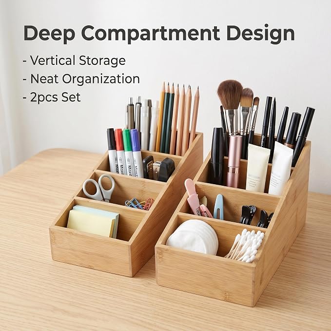 2 Pack Bamboo Snack Organizer, 4 Section | 360° Rotating, Art Supply Holder & Office Storage Caddy, For Colored Pencils, Crayons, Paintbrushes - Image 4
