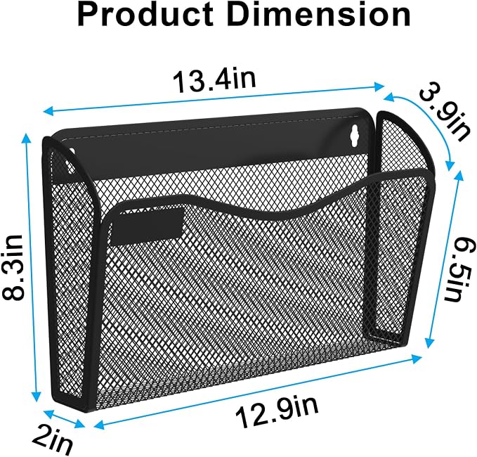 BOHDK Wall File Organizer, 6 Single Pockets Mesh Hanging File Organizer, Mount Document Magazine Rack with Labels, Hanging File Folders for Office, Home and School, Black - Image 4