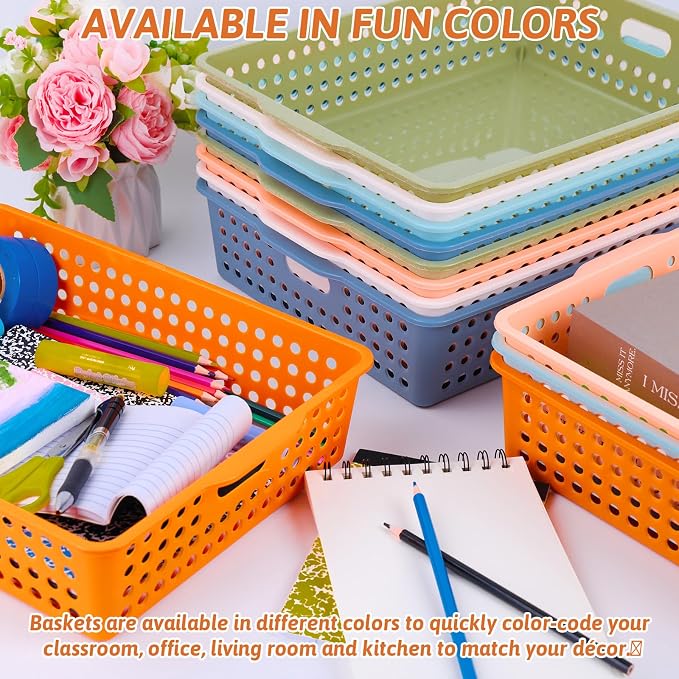 12 Pcs Plastic Classroom Storage Basket Bulk 14 x 10 In Turn in Paper Trays for Classroom A4 Size Colorful Storage Organizer Bin with Handles Stackable Container for Playroom Home Office School Supply - Image 5