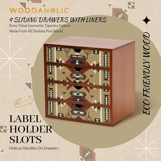 Boho Navajo Wooden Desk Organizer with Drawers – 4-Drawer Desktop Storage Box – Rustic Tribal Wood Desk Organizer for Office, Vanity, or Craft Supplies – Compact & Stylish Wooden Storage Drawers - Image 6