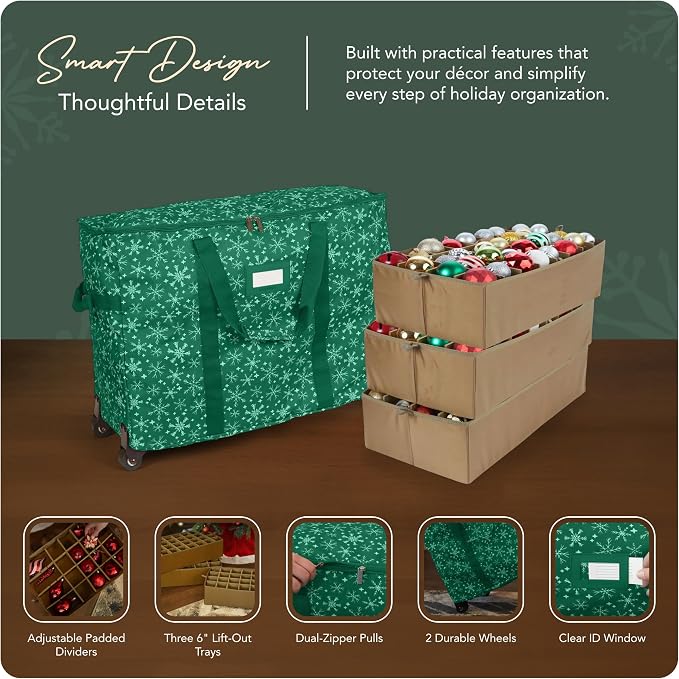 Covermates Keepsakes Rolling Adjustable Ornament Storage Bag – Heavy-Duty Polyester, FlexGrid Trays & Padded Dividers – Protective Holiday Organizer with Wheels, Handles & ID Window, Green Snowflake - Image 4