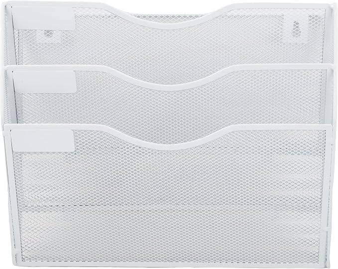 3 Pocket Mesh Hanging Wall File Organizer, Wall Mounted Mail Paper Document Folder Holder, Clipboard Storage Organization Magazine Rack with Nametag Label for Office Home School, White - Image 5