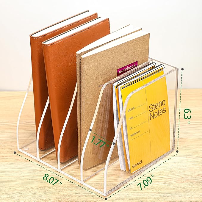 Clear Acrylic Magazine File Holder, 4 Compartment Desk Organizer | 4 spacious vertical compartments hold magazines, files, books & more. 5mm thick clear acrylic, non-slip base. No assembly. - Image 2