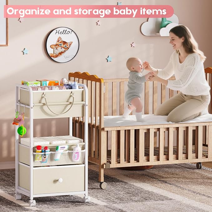 Cidaziya 2In1 Baby Diaper Caddy Organizer and Storage, 3 Tier Rolling Cart with Drawer, Detachable Dividers, Mobile Utility Cart Baby Dresser Clothes Organizer for Baby Essentials, Bedroom, Nursery - Image 5