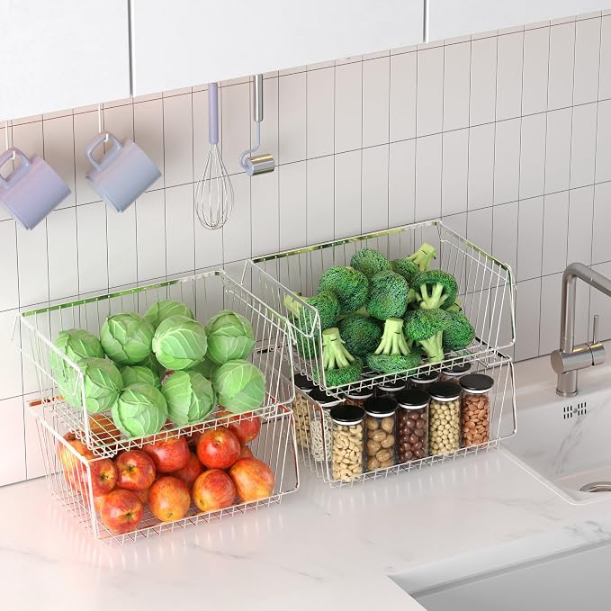 Wire Storage Basket Stackable Organizer Storage Baskets Bins Sturdy Metal Organization with Handles for Pantry, Kitchen, Closets, Bathroom, Cabinets, Kitchen, Set of 3 - Image 2