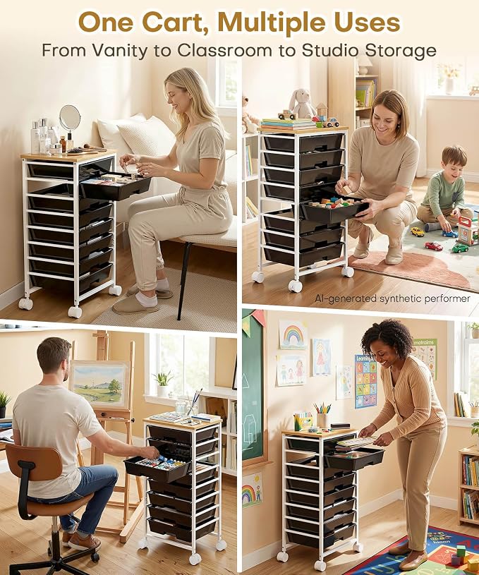 Homde Rolling Storage Drawer Cart: 8-Drawer Sort to Clear Desk & Dresser Clutter - Anti-Fall Smooth Glide Prevents Spill-Out During Daily Grab - Lockable Wheels Keep It Steady - Image 8