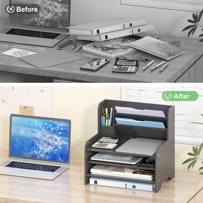 Bamboo File Organizer for Desk, Paper Tray with Pen Holder | Open tiers and a pen holder sort Letter/A4 paper, folders and office supplies while keeping your workspace clutter-free - Image 7