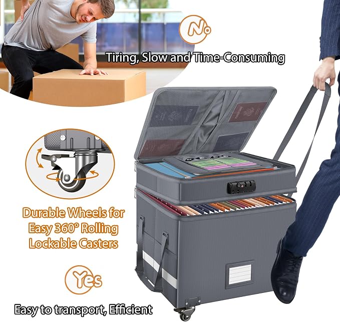DocSafe Fireproof Document Box with Lock,2-Layer File Box with Wheels,Collapsible File Storage Organizer with Pockets,Large Portable Office Filing Cabinet for Hanging Folders,Gray,16''x13.8''x12.2'' - Image 7