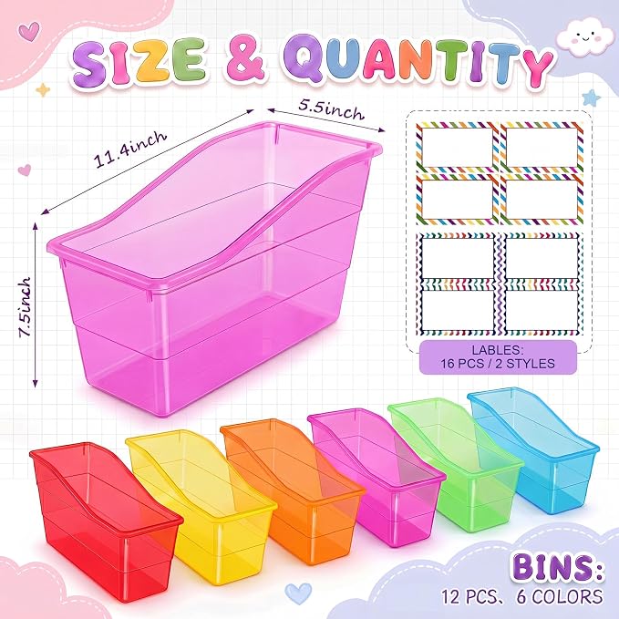 Blosssound 12 Set Book Bins for Classroom with Label Sticker Book Box Baskets Plastic Stackable Organizing Bins Storage & Organization for Classroom Library Home School Supplies (Translucent Colorful) - Image 2