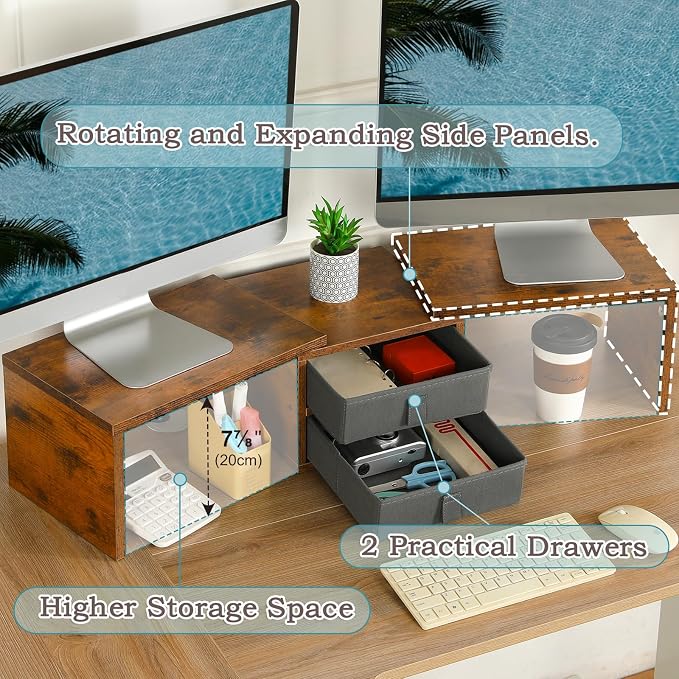 TEAMIX Dual Monitor Stand Riser with 2 Drawers - Length and Angle Adjustable 3 Shelf Monitor Riser with Storage Desk Organizer Large Monitor Stand for 2 Monitors/Laptop/PC,Screen/TV Stand Riser - Image 3