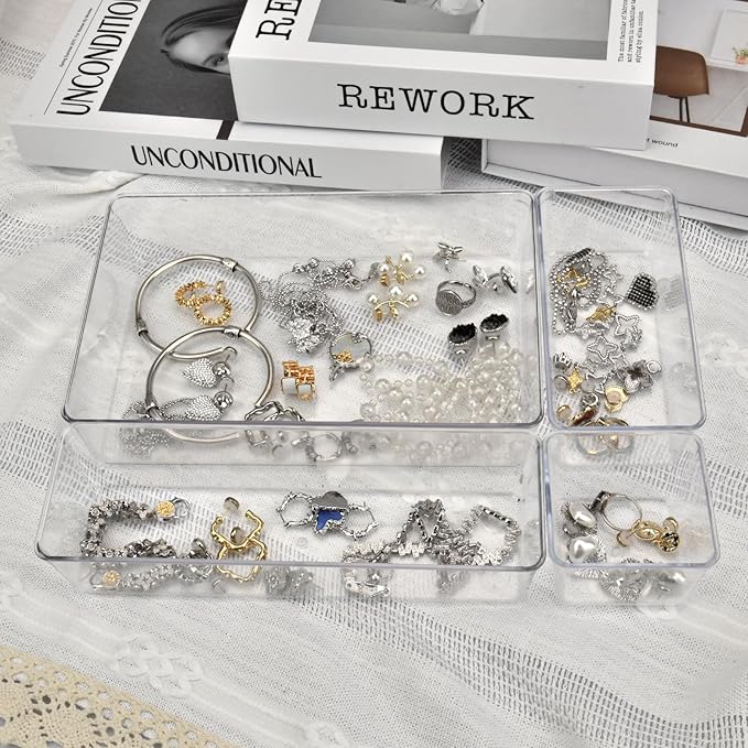 Manalete Drawer Organizers Set of 15, 4 Sizes Clear Plastic Drawer Organizers and Storage Bins for Kitchen, Bathroom, Office, Dresser Desk Drawer Organizer Tray for Jewelry, Makeup, Junk, Gadgets - Image 4
