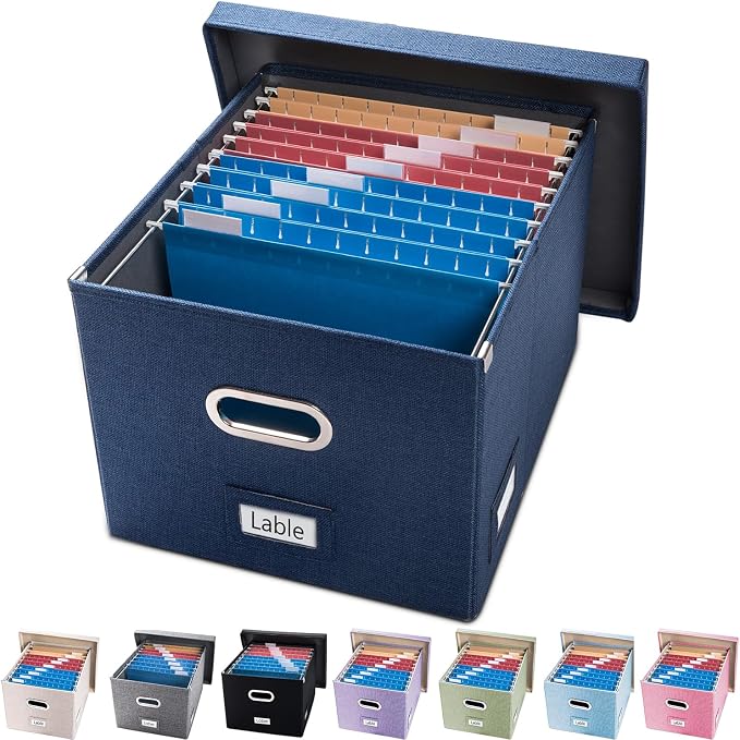 File Organizer Box - Set of 1 Collapsible Decorative Linen Filing Storage Hanging File Folders with Lids Office Cabinet Letter/Legal Size Navy Blue (17x14x11.2 inch) by Prandom