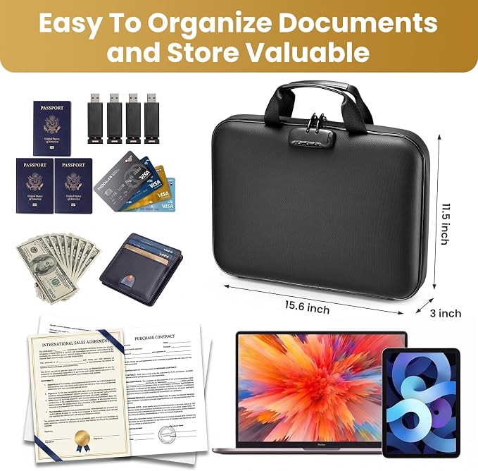 Fireproof Document Box with Lock, Hard case Fireproof File Organizer with 13 Pocket Accordion File Folders, Portable Safe Box for Home Office Travel to Storage Important Documents Laptop - Image 3