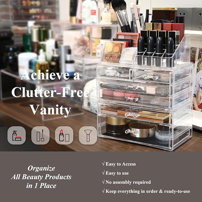 Sea Team 3-Tier Stackable Clear Acrylic Makeup Organizer with Drawers | Cosmetic Display Case, Jewelry Storage Box, 6 Drawers and 1 Lipstick Holder, Ideal for Vanity, Dresser, Bathroom, Countertop - Image 3