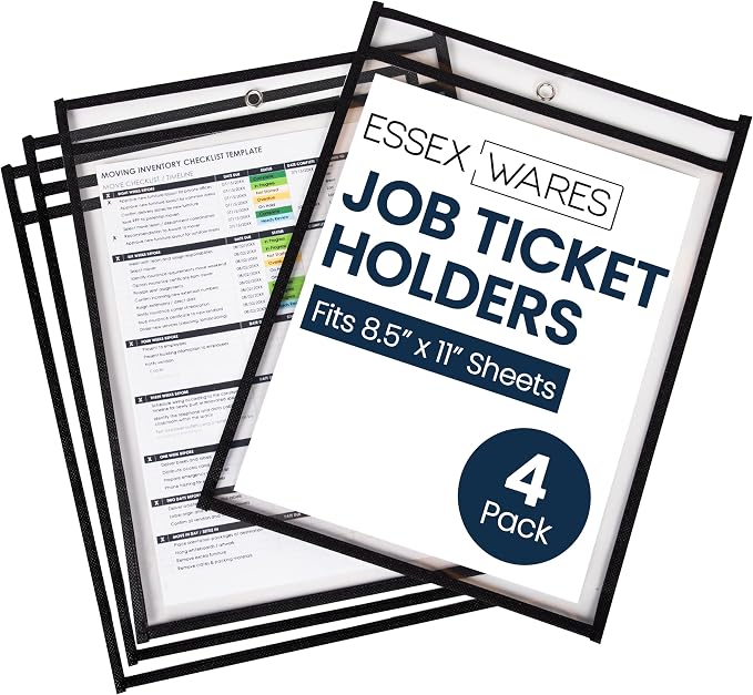 Essex Wares - 4 Pack, Black Job Ticket Holders, 10" Wide x 13.5" Tall | Water-Resistant, Shop Ticket Holders, Document Protectors, Clear Plastic Sleeves, Reusable & Easy Erase, Dry Erase Pockets by EssexWares