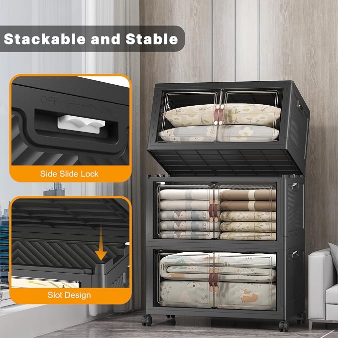 Stackable Storage Bins, 1050QT Collapsible Drawers with 2 Lids | Large Capacity, Magnetic Door, Stack Lock, Rolling Wheels, Foldable Design, Organizers and Storage for Bedroom Dorm Garage - Image 3