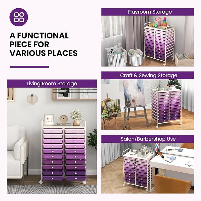 Giantex 20 Drawers Rolling Cart, Mobile Storage Drawer Cart, Classroom Organizer Cart for Office School Supplies Tools Scrapbook Paper Craft Small Printer, Utility Cart on Wheels, Gradient Purple - Image 8
