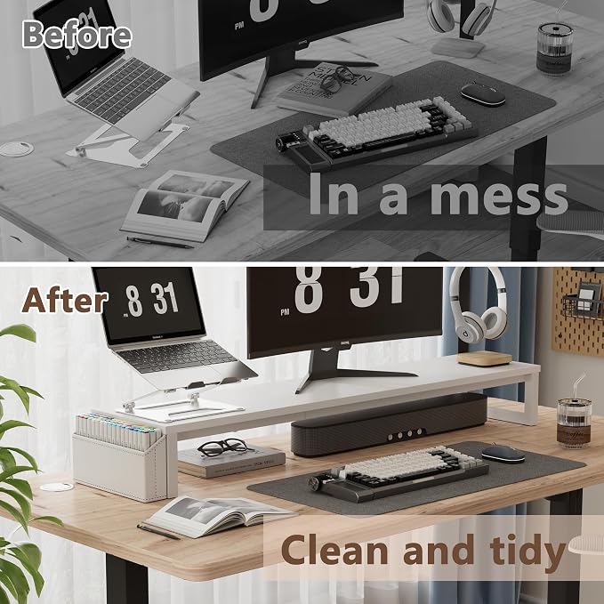 LAND·VOI Dual Monitor Stand Riser,41.5'' Long Monitor Stand for 2 Monitors, Wood and Steel Computer Monitor Stand, Desktop Oraganizer with Pen Holder, Monitor Riser for Desk Computer,Laptop,TV, White - Image 6