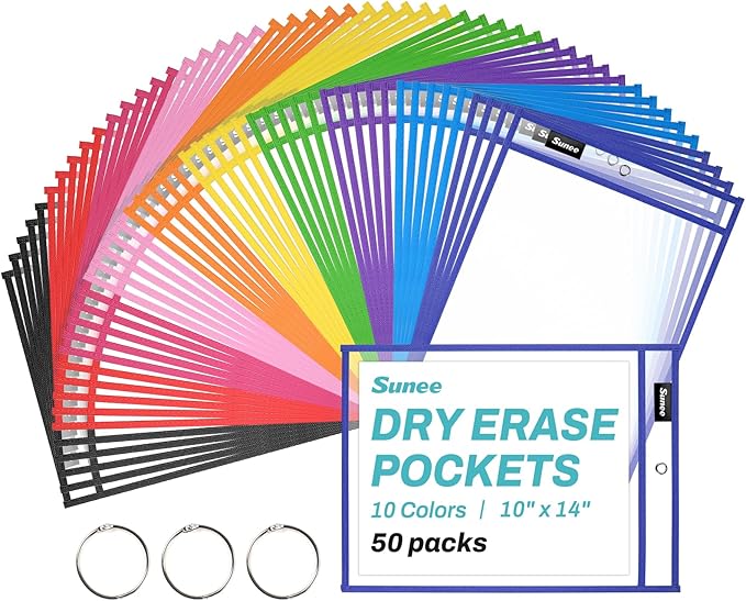 SUNEE 50 Packs Oversized Reusable Dry Erase Pocket Sleeves with 3 Rings, 10 Assorted Colors 10x14 Ticket Holders, Clear Plastic Sheet Protectors, Teacher School Classroom Supplies by SUNEE