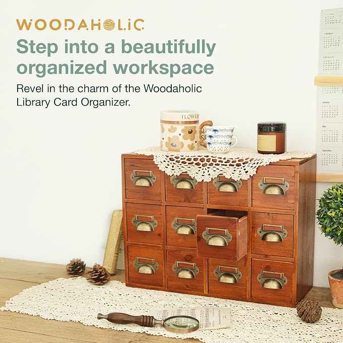 12-Drawer Apothecary Cabinet - Index Card Organizer - Mahogany Wooden Card Catalog - Fits Standard US 3x5in Index Cards - Vintage Desktop Drawer Organizer for Tea, Herbs, and Office Supplies - Image 3