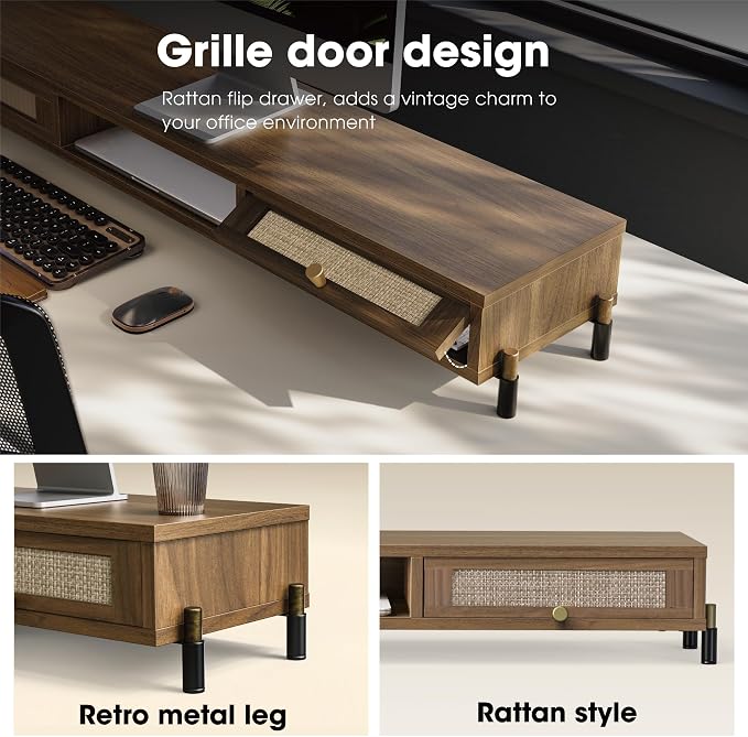 Fenge Dual Monitor Stand, Wooden Riser With Rattan Woven Flip Drawers | 2-Tier Monitor Riser, 42.5in Long Desk Shelf for 2 Monitors, Vintage Computer Stand for Laptop, Printer, TV, Brown - Image 3