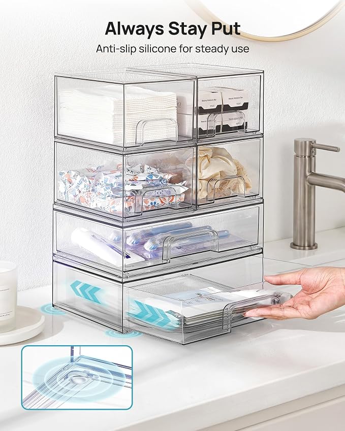 Vtopmart Clear Stackable Storage Drawers Set of 5, Plastic Organizer Bins for Makeup, Cosmetics, Beauty Supplies,Ideal for Vanity, Bathroom,Cabinet,Pantry Organization - Image 7