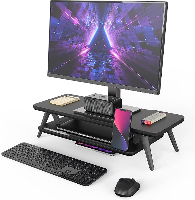 Fenge Monitor Stand Riser, Wooden Desk Shelf with 2-Tier Storage | 23.6-Inch Wide, Sturdy Aluminum Legs, Built-In Phone & Tablet Slot, Desktop Organizer for Office Accessories by Fenge