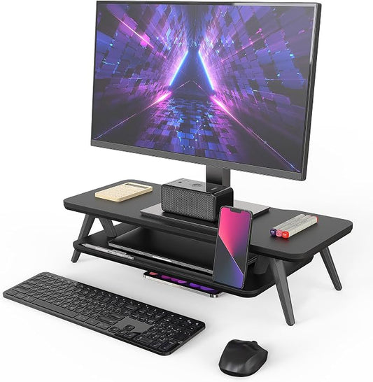 Fenge Monitor Stand Riser, Wooden Desk Shelf with 2-Tier Storage | 23.6-Inch Wide, Sturdy Aluminum Legs, Built-In Phone & Tablet Slot, Desktop Organizer for Office Accessories by Fenge