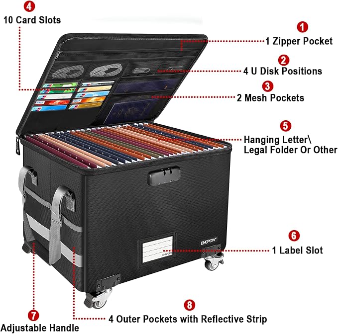 ENGPOW Fireproof Document Box with Wheels, Collapsible File Box with Lock, Rolling File Storage Organizer Filing Cabinet with Pockets, Portable Home Office Safe for Hanging Letter/Legal Folder - Image 7