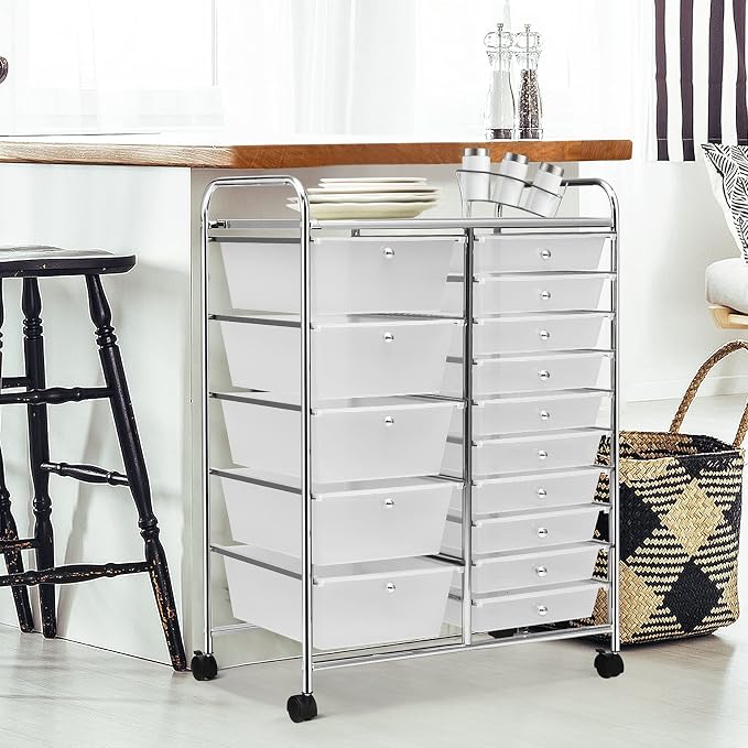 DORTALA 15-Drawer Rolling Storage Cart with Drawers, Rolling Utility Cart w/Removable Drawers & Universal Wheels, Tools Scrapbook Paper Organizer for School, Office, Home, Classroom (Clear) - Image 2