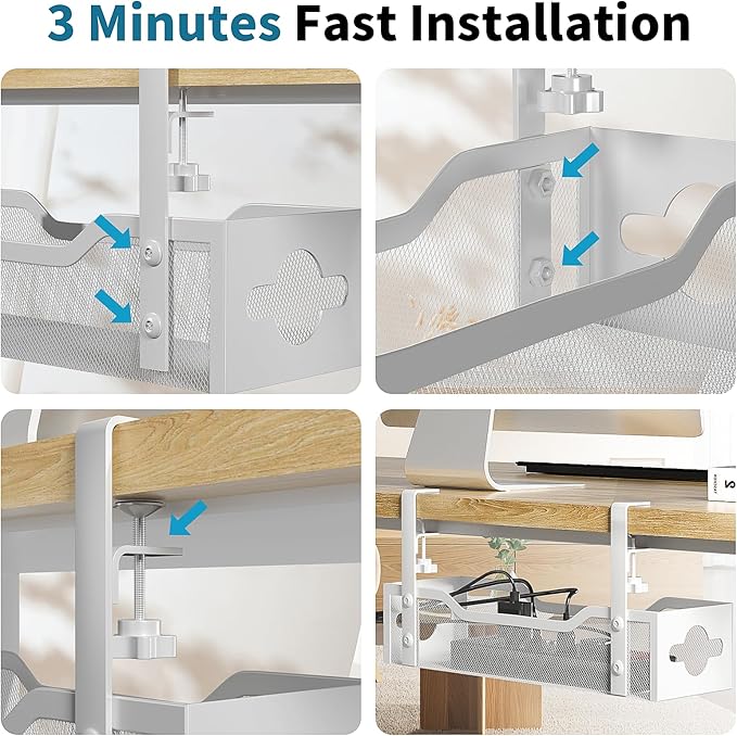 Under Desk Cable Management Tray 2 Pack, No Drill Cable Organizer With Clamp for Standing Desk, Easy to Install Cord Management System, No Damage Wire Organizer - Image 7
