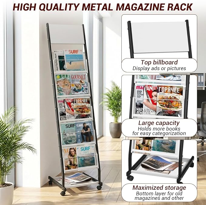 Floor Standing Magazine Holder with 5 Pockets, Journals, Brochure & Literature Display Holder for Trade Shows, Exhibitions, Office, and Shopping Malls, Black - Image 3