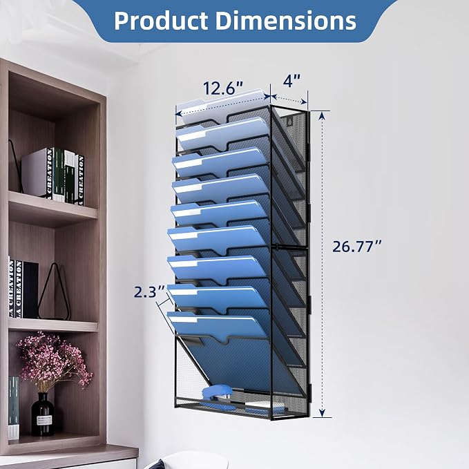 DALTACK Wall File Holder 10 Tier Hanging Wall File Organizer, for Papers Mails Folders Clipboard Magazine Organization for Office Home School Classroom, Mesh Metal, Assembly Needed, Black - Image 3