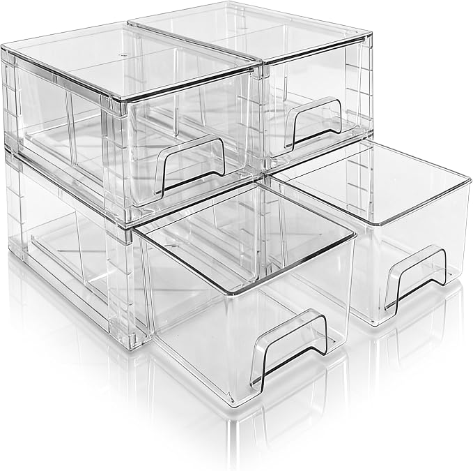 Small Stackable Clear Acrylic Storage Drawers(4 Pack) with Handles,Plastic Organizer Bins for Fridge Bathroom Kitchen Cabinet Pantry Coffee bar Undersink Office Closet Storage Bins by XWYWX
