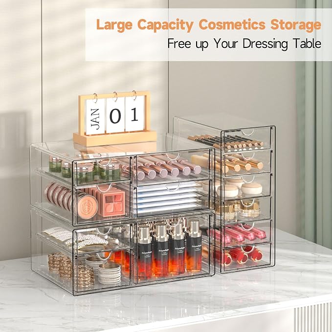 DOMNIU Acrylic Makeup Drawer Storage Organizer with 13 Drawers, 3 Set | Office Desk Organization and Storage, Dustproof Drawer Organizer for Makeup, Countertop, Jewelry, Desktop, Bathroom, Bedroom - Image 2