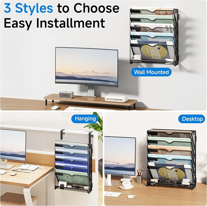 Lavatino 6-Tier Hanging File Organizer, Wall Mount File Holder for Mails Folders Papers Magazine Organization, Vertical Document Organizer for Office Home - Black - Image 4