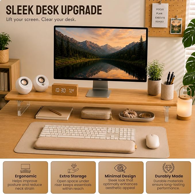 Bamboo Monitor Riser, Wide Desktop Monitor Stand for Desk with Clear Acrylic Legs, 31.5 x 8inch Bamboo Wood Shelf, Fit Keyboard, Home Office Workspace Accessories, Study Stationaries Storage (Natural) - Image 4