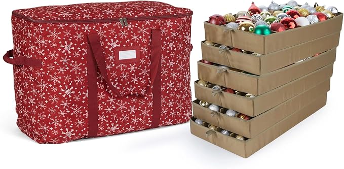 Covermates Keepsakes Adjustable Ornament Storage Bag – Heavy-Duty Polyester, Padded Dividers & FlexGrid Trays – Protective Holiday Ornament Organizer with Handles & Label Window, Red Snowflake by Covermates