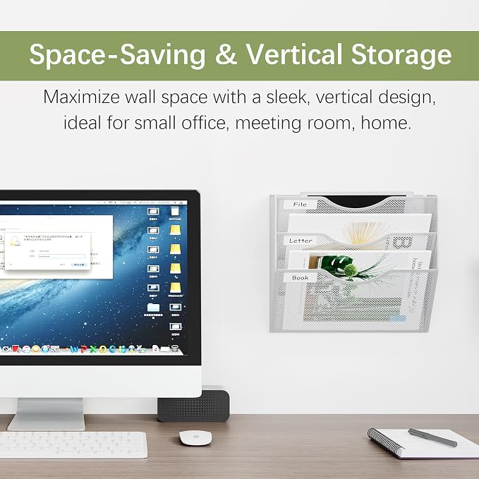 EasyPAG 3 Pocket Mesh Wall File Organizer, Hanging Paper Folder Holder with Classify Label, Vertical Wall Mount Mail Organizer for Office Home Classroom, White - Image 2