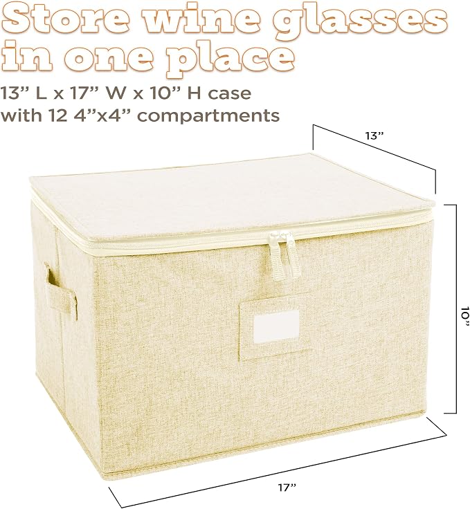 Wine Glass Storage Case | Hard Shell Felt Dividers | Cream | Hard Shell Case Holds 12 Wine Glasses In 4x4 Felt Compartments. Stackable, Top-Load, Label Tag. Cream Linen Finish. - Image 3