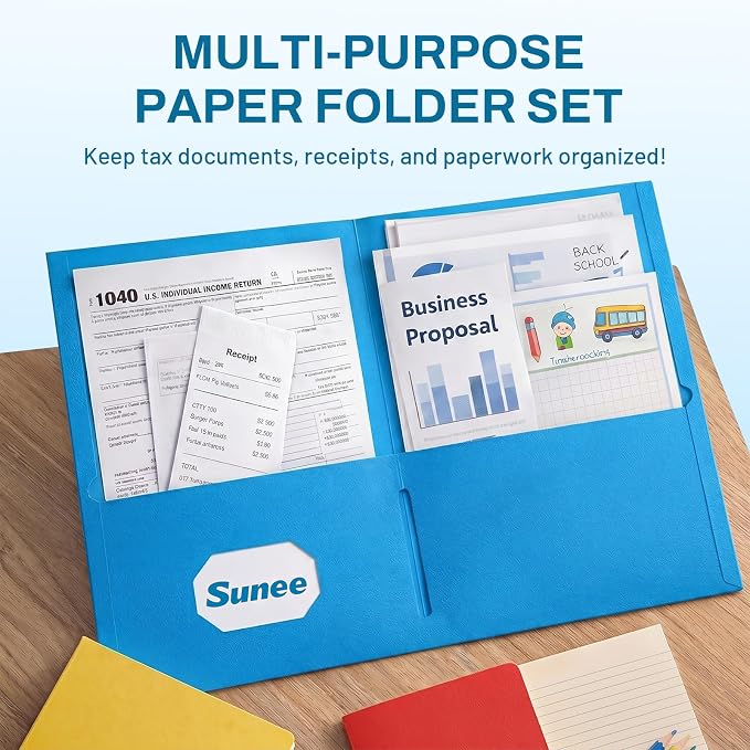 SUNEE Folders with Pockets(125 Pack, Blue), 2 Pocket Folders Fit Letter Size Paper, Paper File Folder for School Office Home Business - Image 2