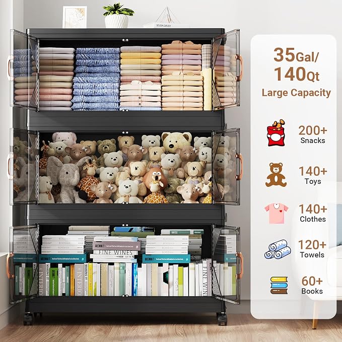 BROVIEW V60 140QT Plastic Stackable Storage Bins with Lid, 1Pack Black | 35Gal Extra Large Closet Organizers Collapsible Cabinets Boxes With Drawer, Foldable Container with 4x Wheels for Home - Image 3
