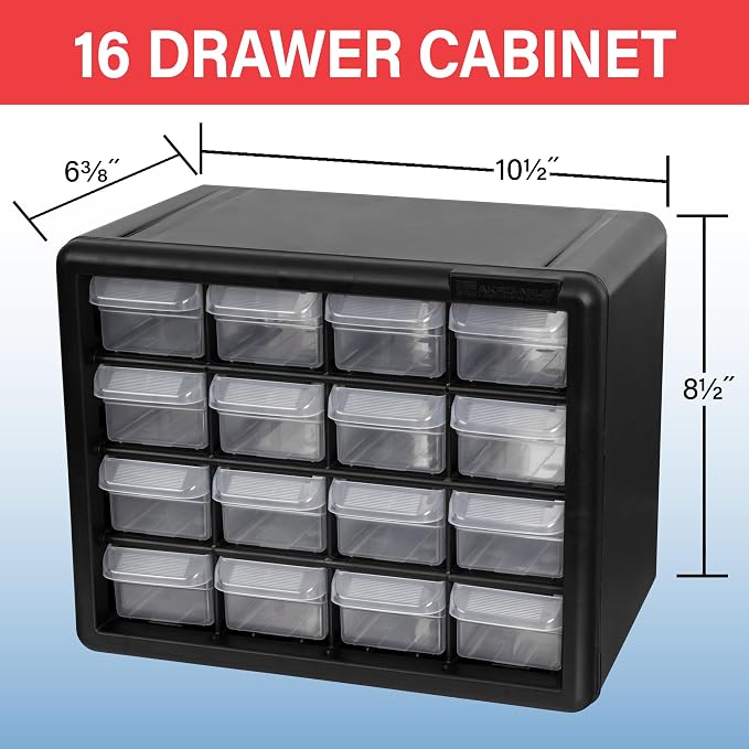 Akro-Mils 16-Drawer Plastic Storage Cabinet, 10.5"W x 6.5"D x 8.5"H, Black | Plastic Cabinet w/ Drawers for Garage Organization, Beads, Makeup Organizer, Building Bricks Storage, Teacher Toolbox, 10116 - Image 3