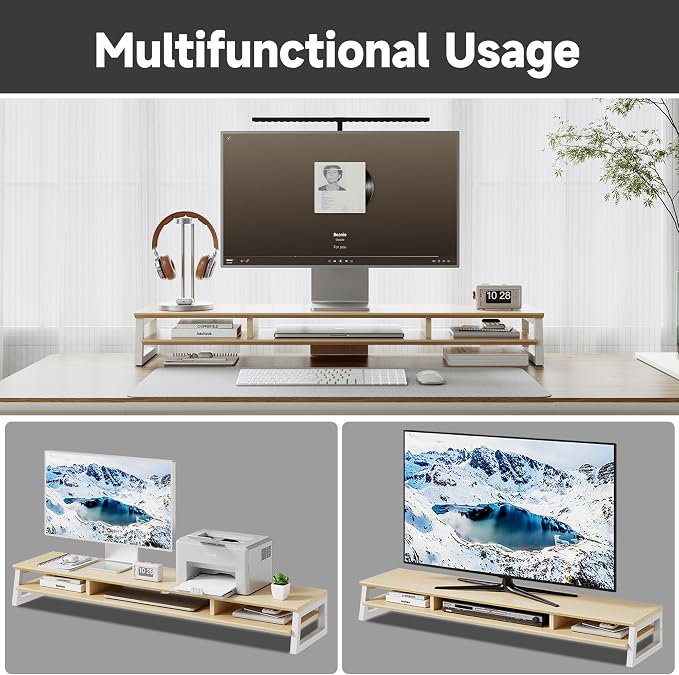 Dual Monitor Stand Riser for Desk, 41.7 Inch Large 2 Tier Computer Monitor Stand for 2 Monitors, Desktop Storage Organizer Shelf with Keyboard Space for Laptop PC Printer, Beige - Image 5