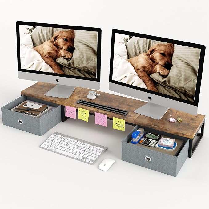 39 Inch Dual Monitor Stand Riser with 2 Drawers - Large Brown Wooden Computer Stand for 2 Monitors, Ergonomic Desk Organizer with Phone Holder, Desktop Storage for Laptop, Office Supplies, Home Office by Mexin