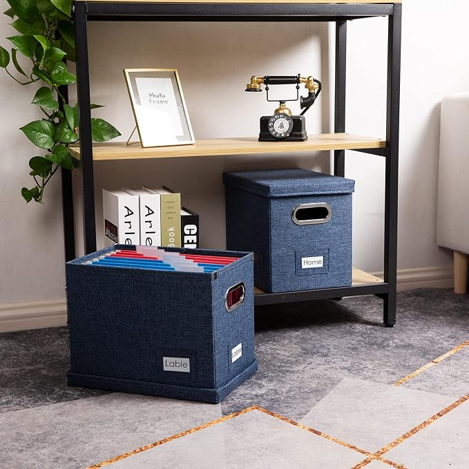 File Organizer Box - Set of 1 Collapsible Decorative Linen Filing Storage Hanging File Folders with Lids Office Cabinet Letter Size Navy Blue (14x9.3x10.8 inch) - Image 2