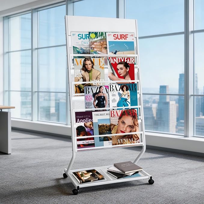 4-Tier Rolling Magazine Rack, Floor Standing Brochure & Literature Display Stand, 23.4" Wide, White - Image 5