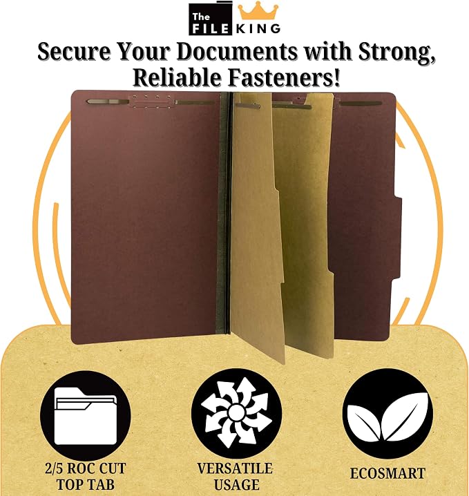 The File King Two Divider Legal Size Pressboard Classification File Folder - Brick Red | Made in America | Box of 10 | Top Tab | 2” Expansion | Durable 2-Inch Fastener Prongs - Image 3